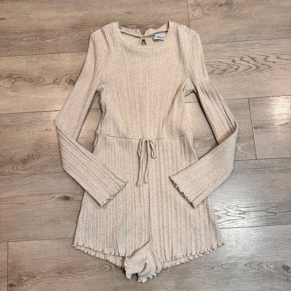 Urban Outfitters Ribbed Knit Long Sleeve Romper Beige Drawstring‎ Large L